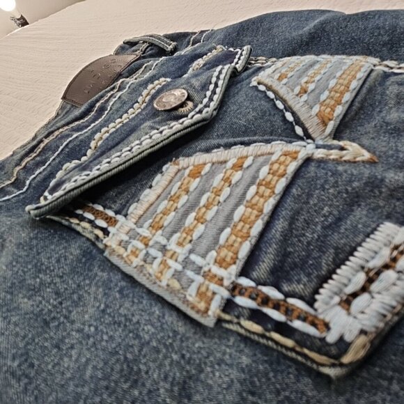 Indigo Skins Bootcut Jeans Men's 36x30 Contrast Stitch Flap Pkt Embroidery NWT - Picture 5 of 16